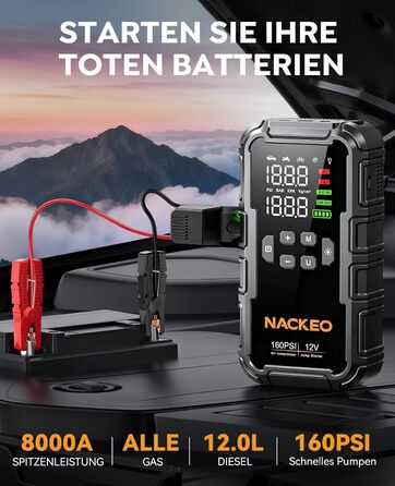 Powerbank для автомобіля з компресором 160PSI та пусковим струмом 12V (бензин/до 12L дизель) з LED-ліхтарем та LCD-дисплеєм