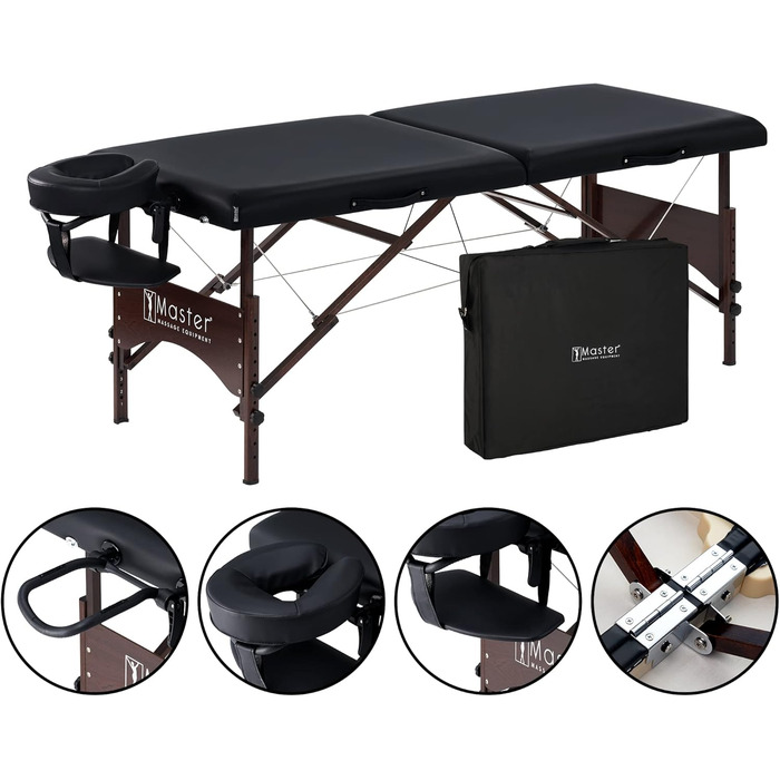 Масажний стіл Argo Master Massage 71 см, складний, портативний, чорний, з сумкою, дерев'яні ніжки з горіха
