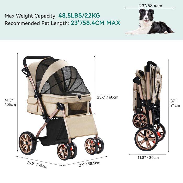 YITAHOME Buggy для собак та котів, складний, до 22 кг, з обертовим ручками, сітковими вікнами, тримачем для напоїв, EVA-колеса з гальмом (Бежевий)