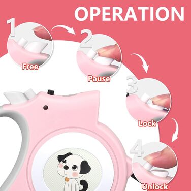 Висувна поводок для собак з LED-підсвіткою, 5 м, з мішками для собачого посліду, для собак маленьких та середніх порід до 25 кг, система гальма та блокування, ергономічна ручка, світло-рожевий колір