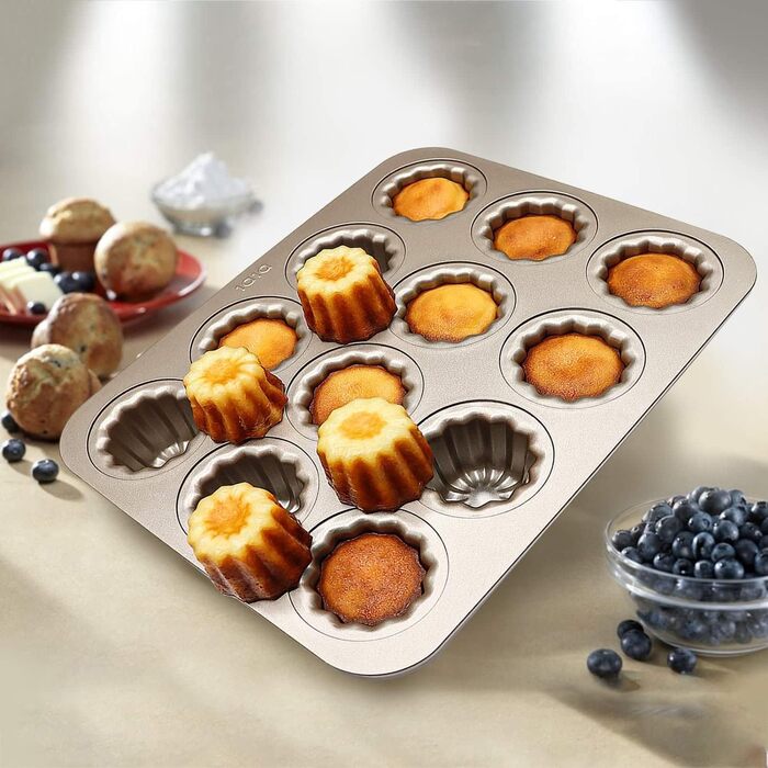 Canele Mold, Carbon Steel, 12 Cavities, Non-Stick, Canelé Molds, Baking Pans for Oven Baking, Cupcake