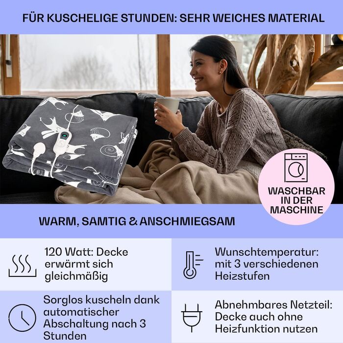Електрична ковдра Klarstein XXL з підігрівом, 120W, 200x180 см, антрацит, для дому та кемпінгу, енергозберігаюча, пральна