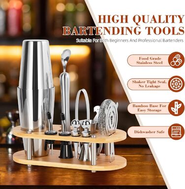 Набір для приготування коктейлів FoiiLiio 12 шт. з шейкером 750 мл, аксесуари для бару, нержавіюча сталь, бамбуковий стійкий, для дому