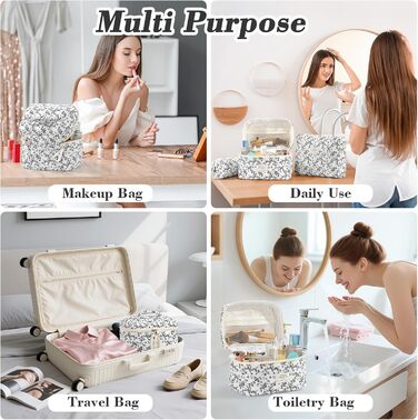 Набір косметичок 3 шт. з квітковим принтом, для жінок та дівчат | Косметичка для подорожей та повсякденного використання | Білий, чорний, квіти