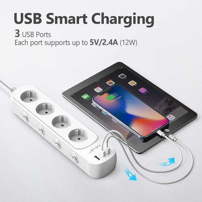 Мережева стрічка JSVER з індивідуальним керуванням, 4 розетки, 3 USB-порти (3680W, 16A), з вимикачем, 1.5м (біла)