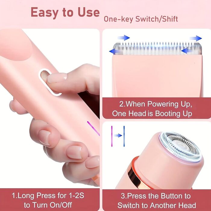 Електричний жіночий епілятор 2-в-1, водонепроникний, для обличчя, тіла, ніг, бікіні (рожевий)