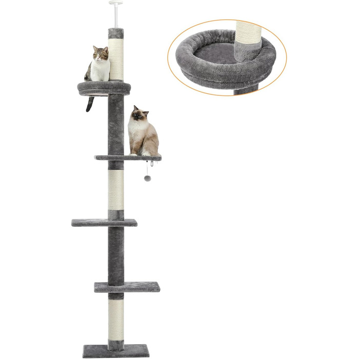 Комплекс для котів PAWZ Road, 5-ярусний, від підлоги до стелі, регульована висота, багатофункціональний: кігтеточка, ліжко, іграшка-кулька (сірий)
