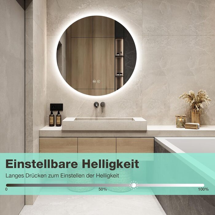 Круглий дзеркало для ванної кімнати з підсвічуванням 80 см, 3 кольори світла, регулювання яскравості, проти запотівання, сенсорне управління, функція пам'яті, LED, енергозберігаючий
