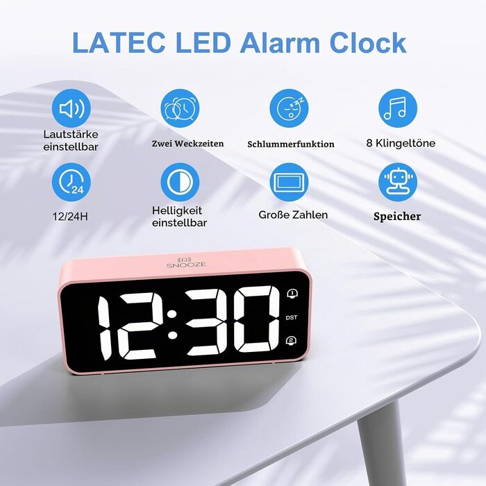 Цифровий LED будильник LATEC з 2 сигналами будильника, функцією Snooze, USB-портом для зарядки, регулюванням яскравості та гучності (90-120 дБ), 8 мелодій, формат 12/24г, мережевий, Рожевий