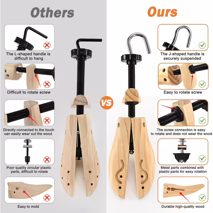 JJDPARTS Shoehorn Wood, Men's and Women's Shoehorn, 4-Way Shoe Stretcher, Shoe Widener for Adjustable Length and Width with Shoe Spoon