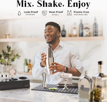Bare Barrel Pro Cocktail Set - 14-Piece Boston Shaker Bar Set with Stand & Recipe Cards - Jet Black & Silver