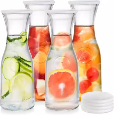 Lawei 4-Piece Water Jug Glass Water Pitcher 1 Liter Water Bottle Juice Pitcher Glass Glass Pitchers with Lid for Water, Juice, Iced Tea, Drinks, Wine