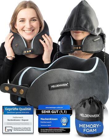 Подушка для шиї Comfy від HELDENWERK для подорожей: Memory Foam, 6-позиційна, для авто/літака, зручна, дихаюча, миюча (темно-сіра)