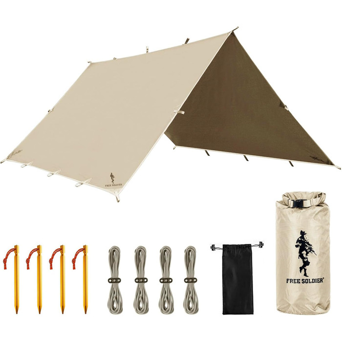 FREE SOLDIER 3x3.2m Waterproof Tarp - Ultralight Camping Shelter, UV Protection, Military Green & Beige - for Hiking, Outdoor Activities
