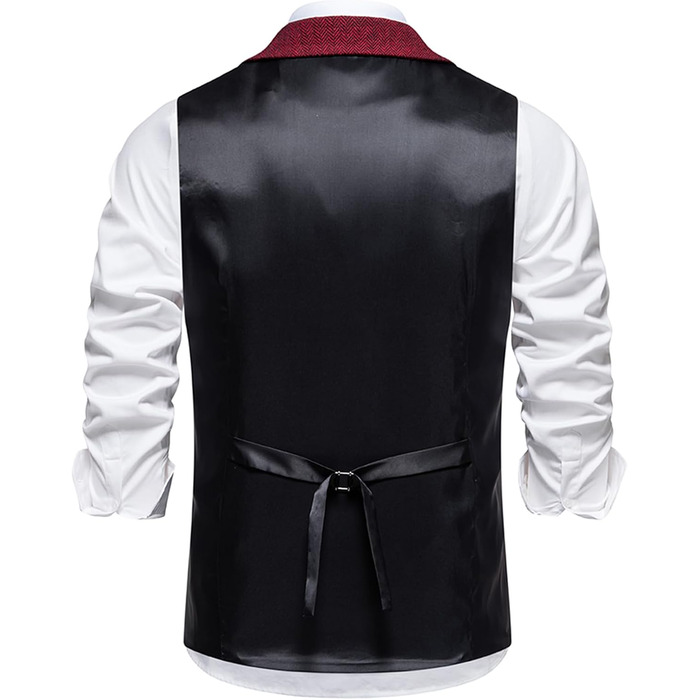 Чоловіча жилетка формальна V-подібний виріз, твід, жилетка в клітинку 'риб'ячий скелет', Slim Fit, жилетка до костюма з кишенею, бордовий