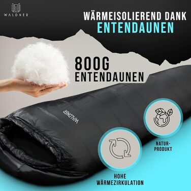 Спальний мішок WALDNER Daunenschlafsack Ultraleicht - ультралегкий, 4 сезони, 800г пуху, 600FP, для кемпінгу та відпочинку на природі (до 200см)