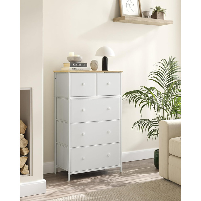 SONGMICS Chest of Drawers, Storage Cabinet, 5 Fabric Drawers, for Entryway, Living Room, White-Oak Finish LTS514W57