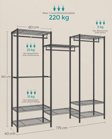 SONGMICS Clothes Rack, Open Wardrobe, Metal Coat Rack, Coat Stand with Adjustable Shelves and Clothes Rails, Hooks, High Load Capacity, Detachable, Cloud White LGR431W01 (Ink Black)