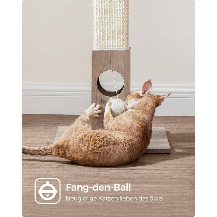 Feandrea Scratching Post, Scratching Trunk, Cat Tree, 10 cm Thick Trunk, Scratching Column Made of Natural Sisal Rope, 73 cm High, with Plush Play Ball, Furniture Scratch Protector, Greige PCA021G01