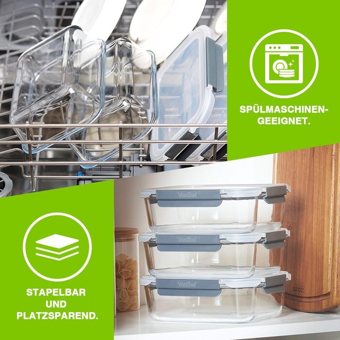 Набір контейнерів VonShef для зберігання продуктів – 10 шт., 1050 мл та 370 мл, придатні для духовки та мікрохвильової печі, мийки в посудомийній машині, герметичні та витікання, ідеальні для приготування їжі наперед