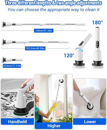Electric Cleaning Brush, 12-in-1 Electric Spin Scrubber Cordless with 8 Interchangeable Brush Heads, Electric Cleaning Brush with Adjustable Handle for Bathroom, Kitchen, Tiles, Floors, Car (White)