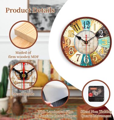 VIKMARI Quartz Wall Clock Wood Silent Hanging Clock, Battery-Powered Round Rustic Clock, Easy to Read Vintage Interior Wall Clock || 14' (France Parisian Style, 20 cm)