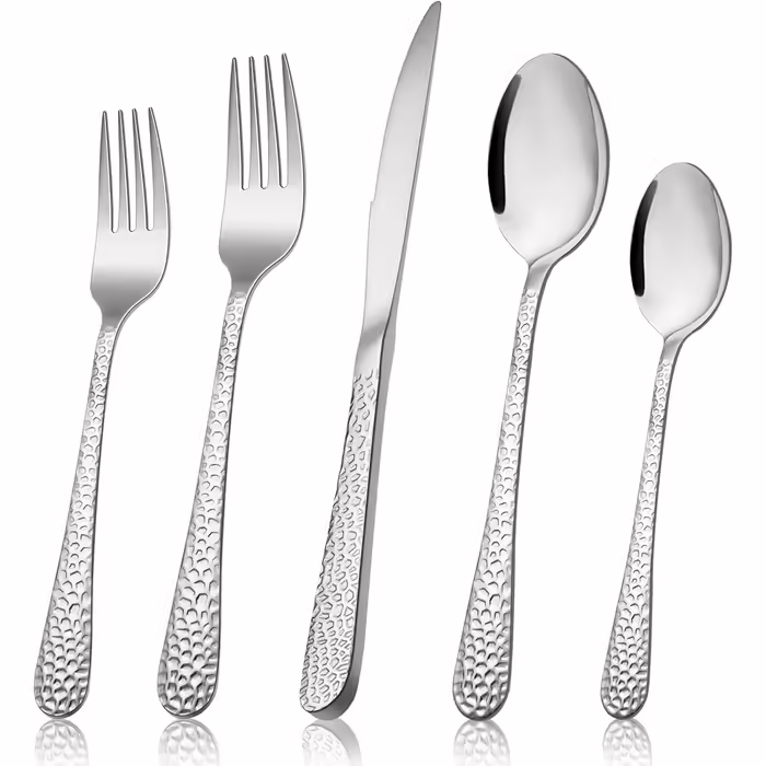 Herogo Cutlery Set, 30-Piece Stainless Steel Cutlery Set for 6 People, Elegant Hammered Silver Cutlery with Knife, Fork, and Spoon, Dishwasher Safe/Rustproof/Polished