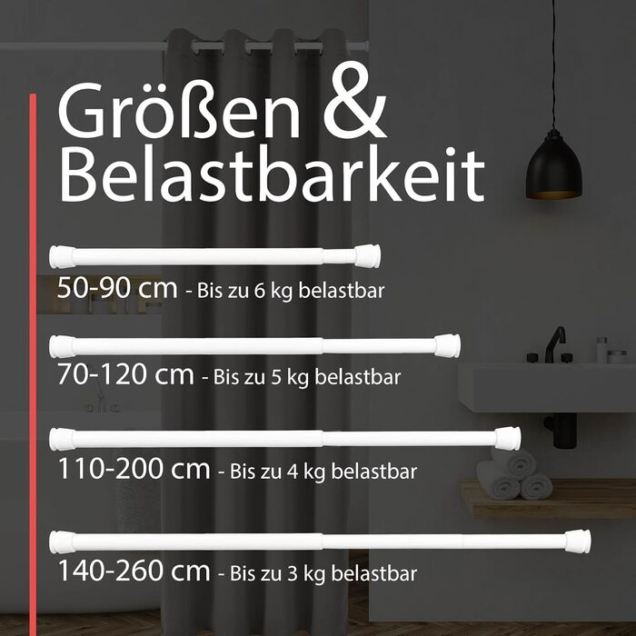 Телескопічна штанга для душу без свердління, 140-260 см, регульована – штанга для карнизів, що кріпиться без свердління, протиковзна, для душу, біла