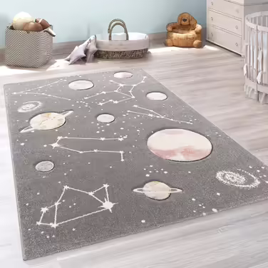 Paco Home Kids Rug, Play Rug for Children's Room with Planets and Stars, in Grey, Size: Ø 120 cm Round