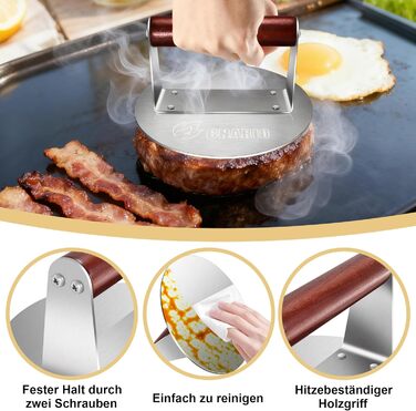 Професійна преса для smash burger CNARIO з нержавіючої сталі 16 см, пристрій для формування котлет з дерев'яною ручкою для гриля та BBQ