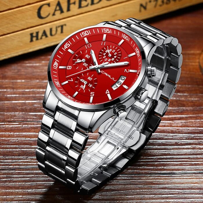 Чоловічий годинник CRRJU Business з нержавіючої сталі, водонепроникний хронограф з календарем, аналоговий кварцовий годинник з нержавіючої сталі (сріблястий, червоний)