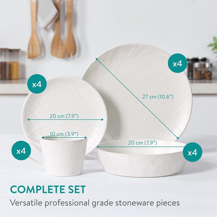 Набір посуду Navaris з каменю (16 предметів) для 4 осіб - тарілки, супові тарілки, чашки, сірий колір