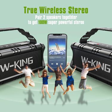 W-KING Портативна Bluetooth Колонка 90W з Глибоким Басом, DSP, 40 годин акумулятора та IPX6 Захистом від Води. Підтримка Powerbank, EQ, AUX та TF-карта. Чорний Колір. Ідеально для кемпінгу, пляжу та саду.