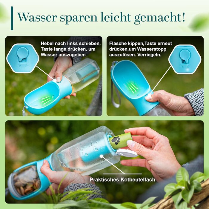 Водяна пляшка для собак на прогулянці 3-в-1 з мискою | Безпечна, BPA-free, з функцією подачі води | 600 мл, блакитна