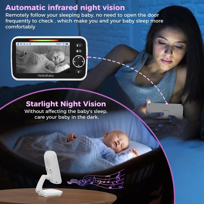 Дитячий відеоняня HelloBaby з камерою та аудіо, 5-дюймовий кольоровий LCD-дисплей, інфрачервона нічне бачення, режим VOX, індикатор температури, моніторинг сну