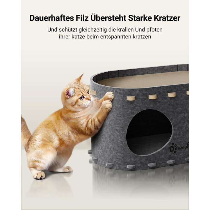 Кігтеточка-будиночок для котів DownyPaws з фетру, 2-ярусна, 50 x 33 x 50 см. Теплий дизайн, захист кігтів, сірий колір.