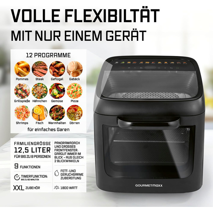 Фритюрниця повітряна GOURMETmaxx XXL з 2 камерами та сенсорним дисплеєм | 12.5 л об'єм | Фритюрниця без олії, 2 рівні