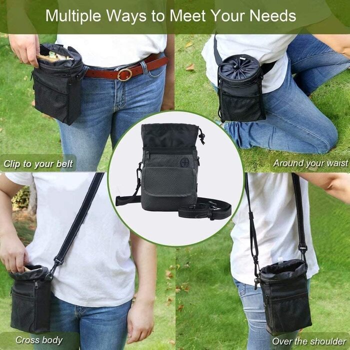 Водонепроникна сумка для ласощів для собак Hanwell з інтегрованим дозатором пакетів для екскрементів, сумка для дресирування собак на стегні та на плечі, чорна
