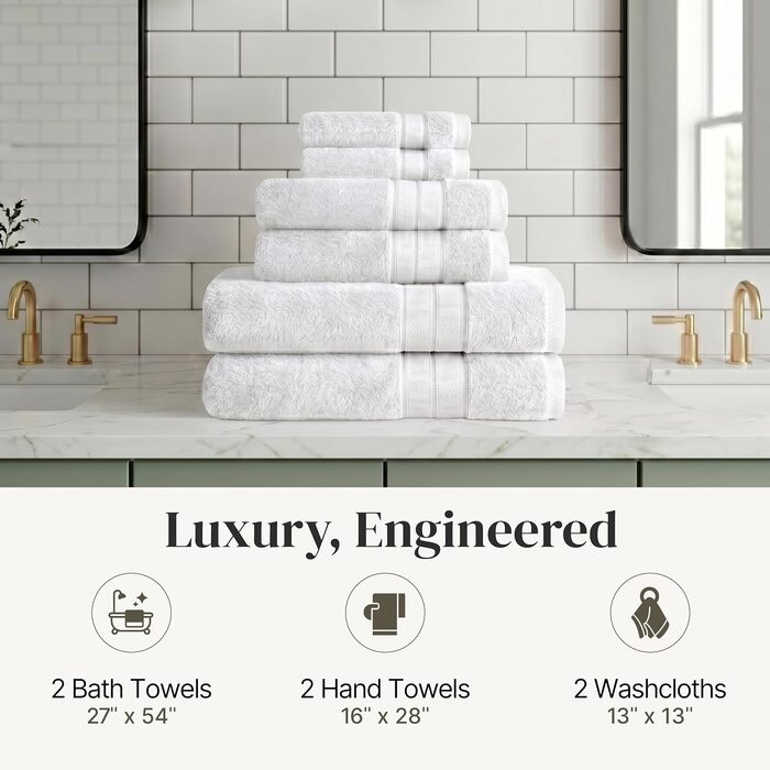 Набір рушників Amrapur Spun Loft з 100% гребеневої бавовни, 6 предметів (баня, руки, обличчя), білий колір, 600 г/м², гігроскопічні та м'які