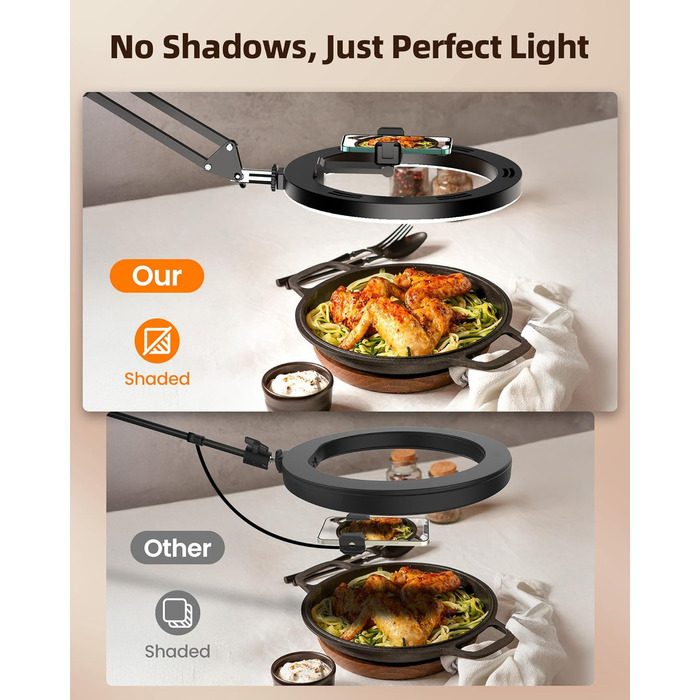 Настільний штатив з кільцевим світлом для кухні та фуд-відео – 10 дюймів | Штатив з кільцевим світлом для зйомки їжі, рецептів, відео та стріму