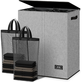 SOLEDI 145L Laundry Basket, Laundry Hamper with 2 Compartments and Lid and 2 Laundry Bags - Laundry Sorter Large XXXL For Bathroom, Bedroom, Laundry Room, Children's Room - 2 x 72.5L Grey
