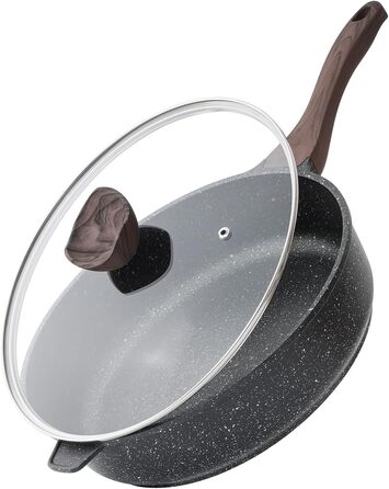 Сковорода з антипригарним покриттям Kordisen з кришкою, 30 см. Велике гранітне покриття, сумісна з індукцією, здорове кам'яне посуд, без PFOA. Класична гранітна сковорода 30 см