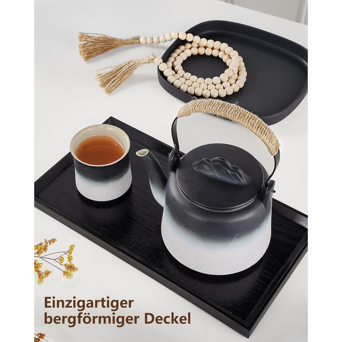 ZENS Design Japanese Teapot, 1000ml Gradient Embossed Japanese Teapot Ceramic with Built-in Strainer and Hemp Rope Handle for Loose Tea Steeper, Gift for Tea Lovers, Black & Bean Green (Black & White, 1000ml Teapot)