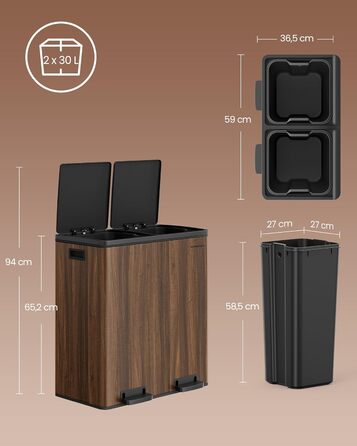 Сміттєвий бак SONGMICS подвійний, 2х30л, педальний, з системою сортування, металевий, чорний горіх