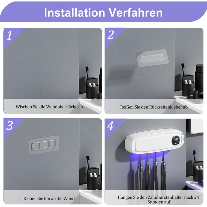 Стерилізатор зубних щіток Maxspace з УФ-випромінюванням, настінний, 4 слоти, для ванної кімнати (білий)