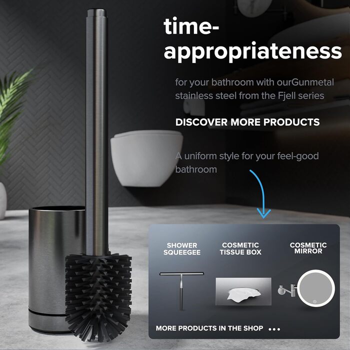 Торцева щітка для унітазу Arosund | Силіконова щітка для унітазу | З вентиляцією | Свободно стояча | Головка щітки з нержавіючої сталі | З резервуаром для мийного засобу | Знімний піддон для крапель | Щітка для унітазу (Gunmetal)