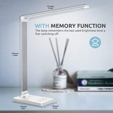 LED лампа настільна дитяча з регулюванням яскравості, 5 кольорів, 10 рівнів, захист очей, сенсорне керування, складана, з акумулятором 2500mAh, срібна