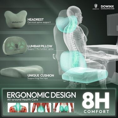 Ігровий крісло Dowinx з підігрівом та масажем попереку, з кишенею, подушкою та підніжкою, 150 кг, зелений