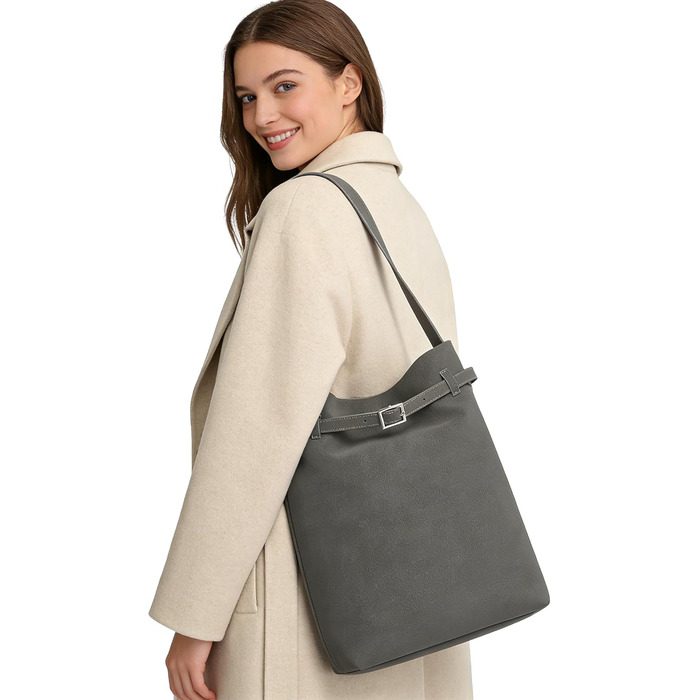 Сумка жіноча Miss Lulu велика шопер Tote Bag з м'якої PU шкіри середнього розміру, сіра (2-2)