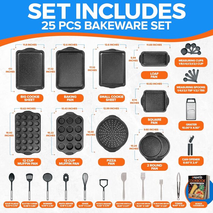 Набір форм для випічки Emporio Kitchen – антипригарне покриття, набір форм з вуглецевої сталі з сірими силіконовими ручками, без PFOA, PFOS, PTFE, рецептурник в комплекті, деко для випічки (до 230°C), сірий, набір з 25 шт.